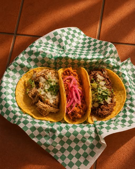Tres tacos sobre papel de cuadros verdes